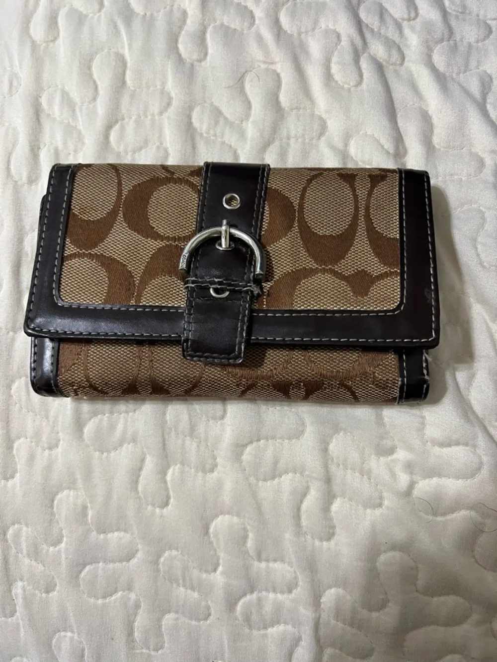 Coach Brown Signature Canvas Wallet with Dark Brown Leather Trim